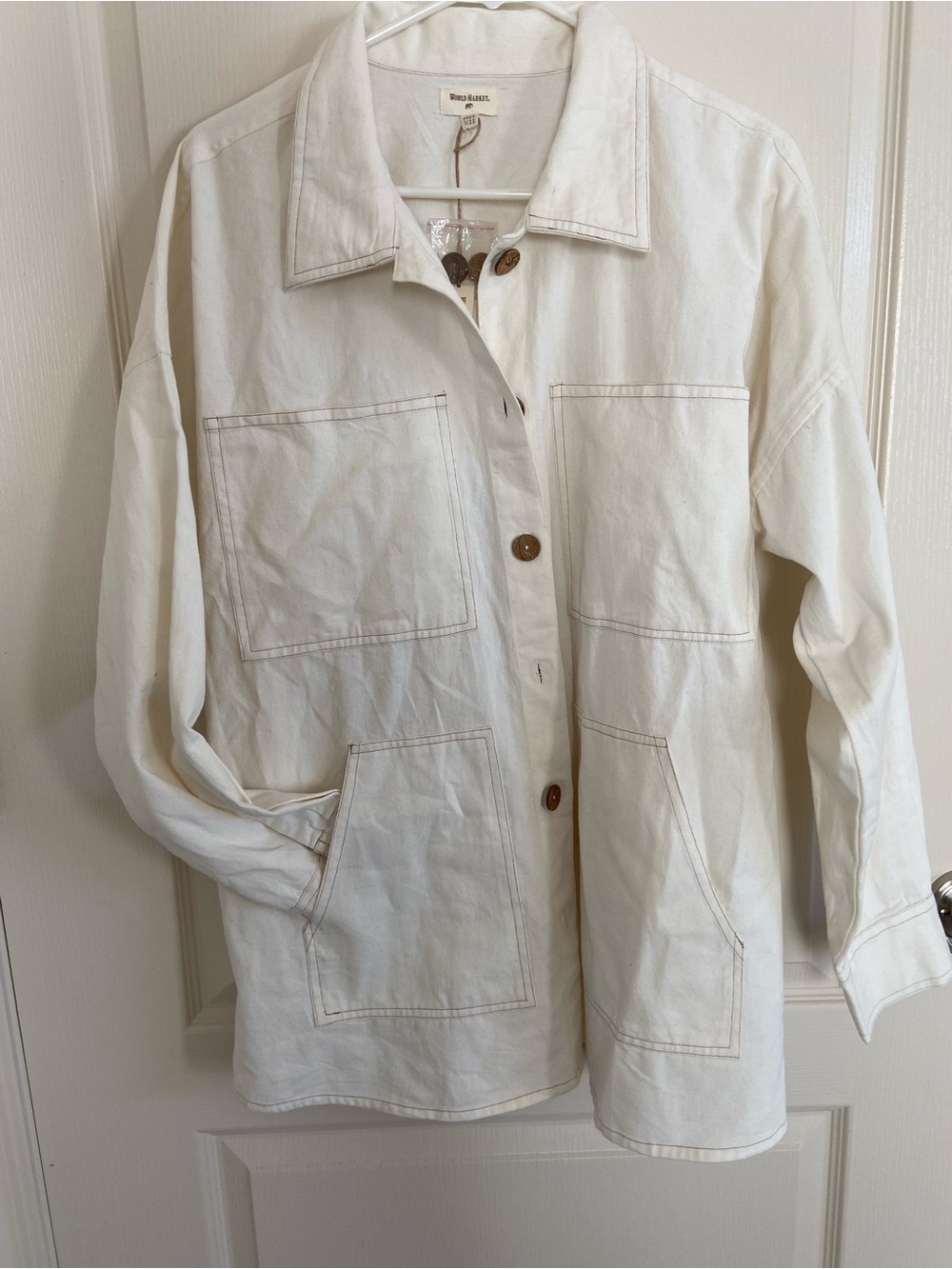 NWT World Market Cotton Utility Chore Coat - White Contrast Stitch - Free Size